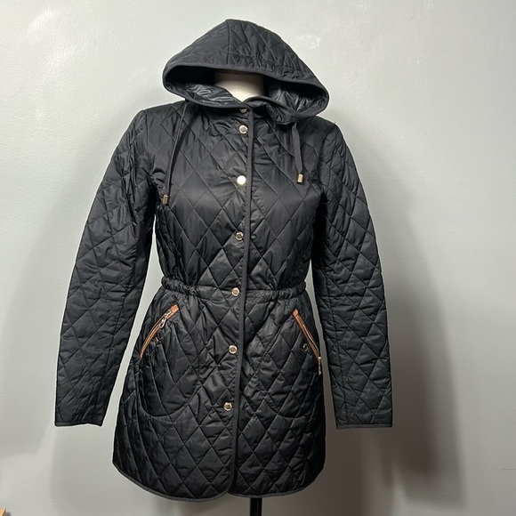 Massimo Dutti Quilted Dark Navy Midi Length Hooded Jacket Coat size small - Picture 1 of 16